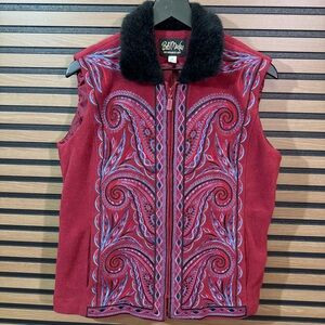 Bob Mackie Embroidered Red Vest with Faux Fur Collar